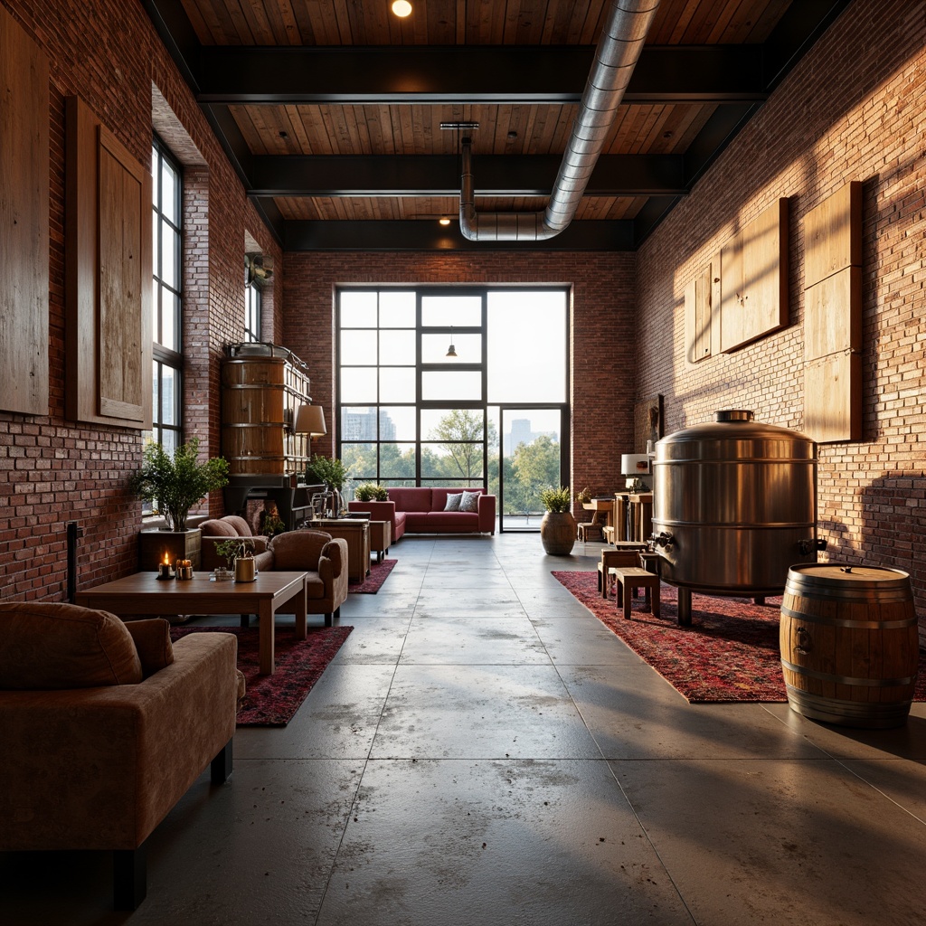 Prompt: Industrial chic winery, exposed brick walls, metal accents, reclaimed wood tones, rich burgundy reds, deep plum purples, earthy terracotta oranges, creamy whites, warm golden lighting, urban cityscape views, modern minimalist decor, sleek steel tanks, wooden wine barrels, vintage industrial equipment, rustic stone floors, distressed leather textures, soft natural fabrics, abstract geometric patterns, dramatic low-key lighting, 1/2 composition, realistic reflections.