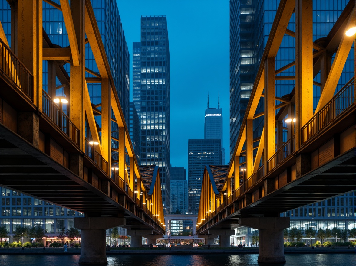 Prompt: Industrial steel bridges, urban cityscape, modern minimalist design, bold primary colors, bright safety yellow, deep ocean blue, weathered rust tones, sleek metallic finishes, dramatic nighttime lighting, high-contrast shadows, dynamic angular compositions, misty atmospheric effects, realistic textures, ambient occlusion.