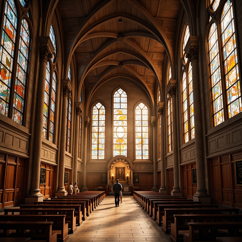 Prompt: Vibrant stained glass windows, warm golden lighting, rich wood tones, ornate stone carvings, majestic vaulted ceilings, grandiose pillars, intricate frescoes, solemn atmosphere, peaceful ambiance, natural light filtering, subtle color harmony, 1/3 composition, soft focus, atmospheric perspective, realistic textures, ambient occlusion.