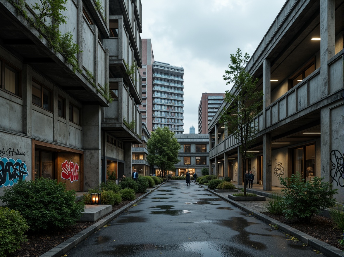 Prompt: Rugged brutalist architecture, exposed concrete walls, industrial metal beams, raw wood accents, urban cityscape, overcast sky, dramatic shadows, bold graffiti, distressed textures, earthy color palette, moss green, rusty red, weathered steel grey, worn asphalt black, cold blue undertones, high-contrast lighting, gritty atmosphere, realistic renderings, cinematic composition.