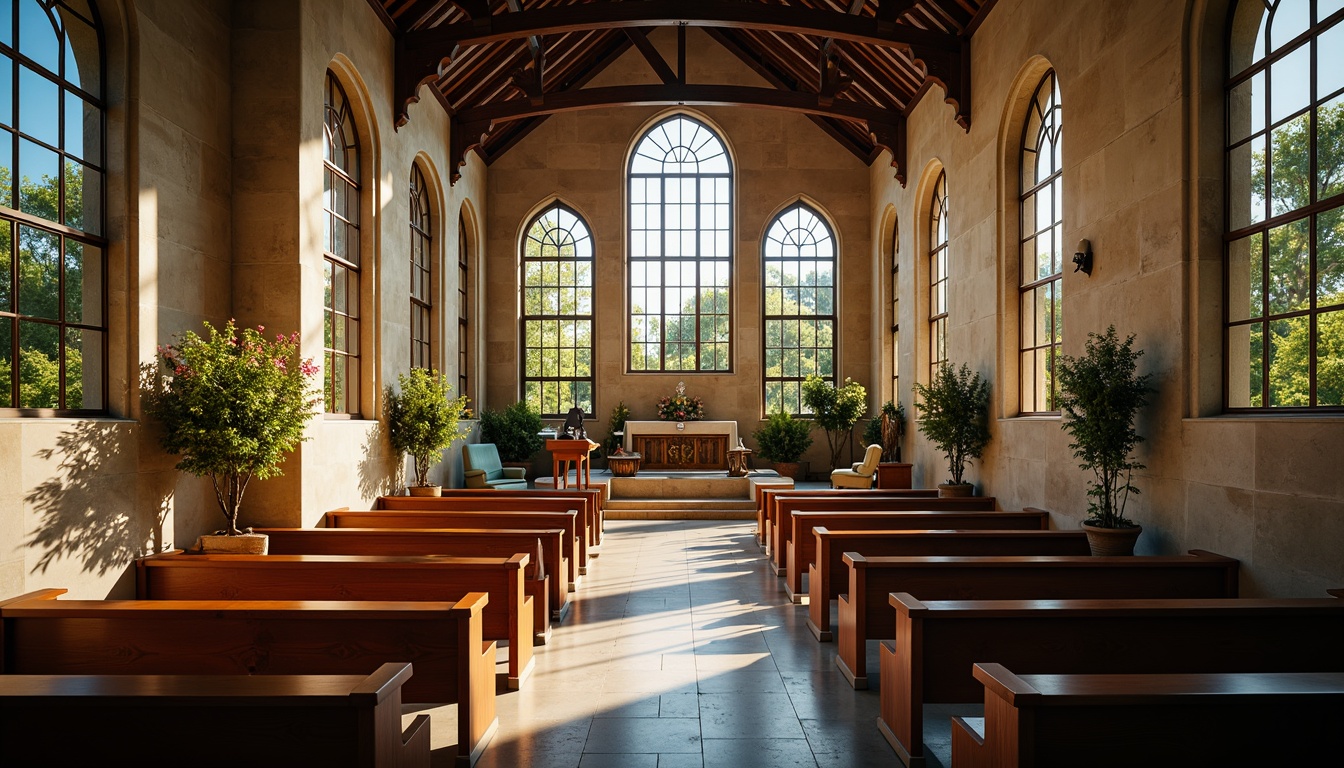 Prompt: Serene chapel interior, vaulted ceilings, stained glass windows, natural stone walls, wooden pews, ornate altars, tranquil atmosphere, soft warm lighting, shallow depth of field, 3/4 composition, panoramic view, realistic textures, ambient occlusion, lush greenery, blooming flowers, trees surrounding, sunny day, clear blue sky, gentle breeze, peaceful ambiance.