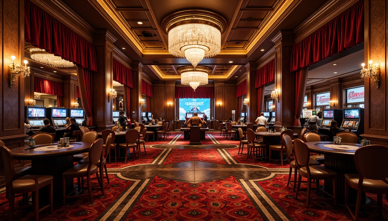 Prompt: Luxurious casino interior, rich velvety reds, deep blues, golden accents, ornate moldings, crystal chandeliers, lavish furnishings, intricate patterns, velvet drapes, marble floors, opulent textures, warm soft lighting, dramatic shadows, 3/4 composition, shallow depth of field, cinematic atmosphere.