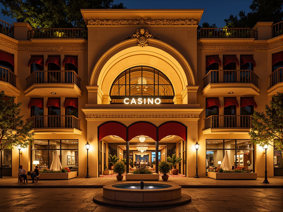 Prompt: Grand casino entrance, ornate Renaissance-style facade, golden accents, intricate stone carvings, curved balconies, majestic columns, red velvet canopies, lavish fountains, ornamental street lamps, vibrant nightlife ambiance, warm golden lighting, shallow depth of field, 3/4 composition, panoramic view, realistic textures, ambient occlusion.