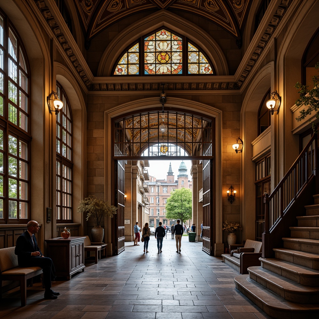 Prompt: Historic university campus, grand entrance gates, ornate stone facades, Gothic-style towers, stained glass windows, classical columns, vaulted ceilings, intricate carvings, wooden paneling, luxurious furnishings, sophisticated lighting fixtures, elegant staircases, refined academic atmosphere, warm natural light, shallow depth of field, 1/1 composition, realistic textures, ambient occlusion.