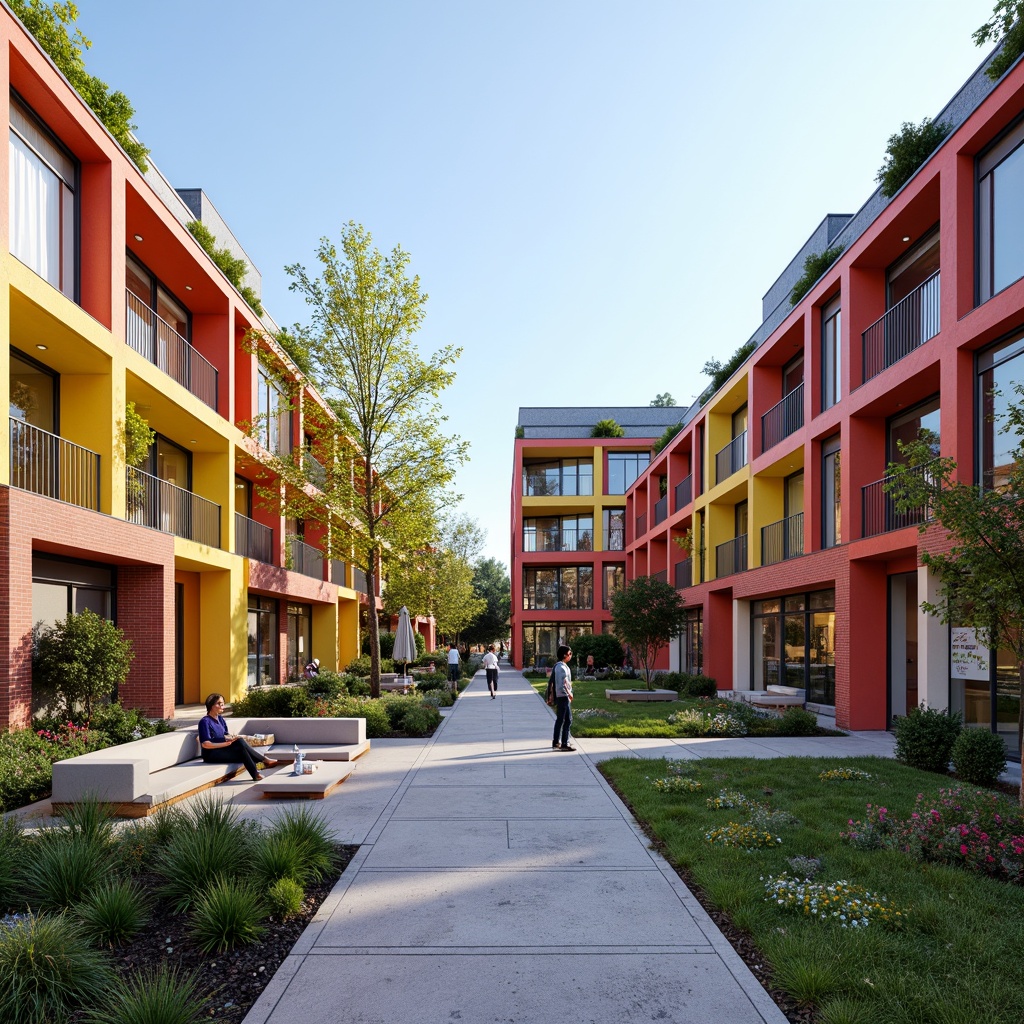 Prompt: Vibrant community center, bold color scheme, dynamic angular lines, modern social housing, sustainable materials, green roofs, solar panels, wind turbines, water conservation systems, eco-friendly infrastructure, innovative cooling technologies, shaded outdoor spaces, misting systems, playful murals, urban gardens, lively street art, bustling neighborhood, natural stone walkways, brick buildings, large windows, glass doors, blooming trees, sunny day, soft warm lighting, shallow depth of field, 3/4 composition, panoramic view, realistic textures, ambient occlusion.