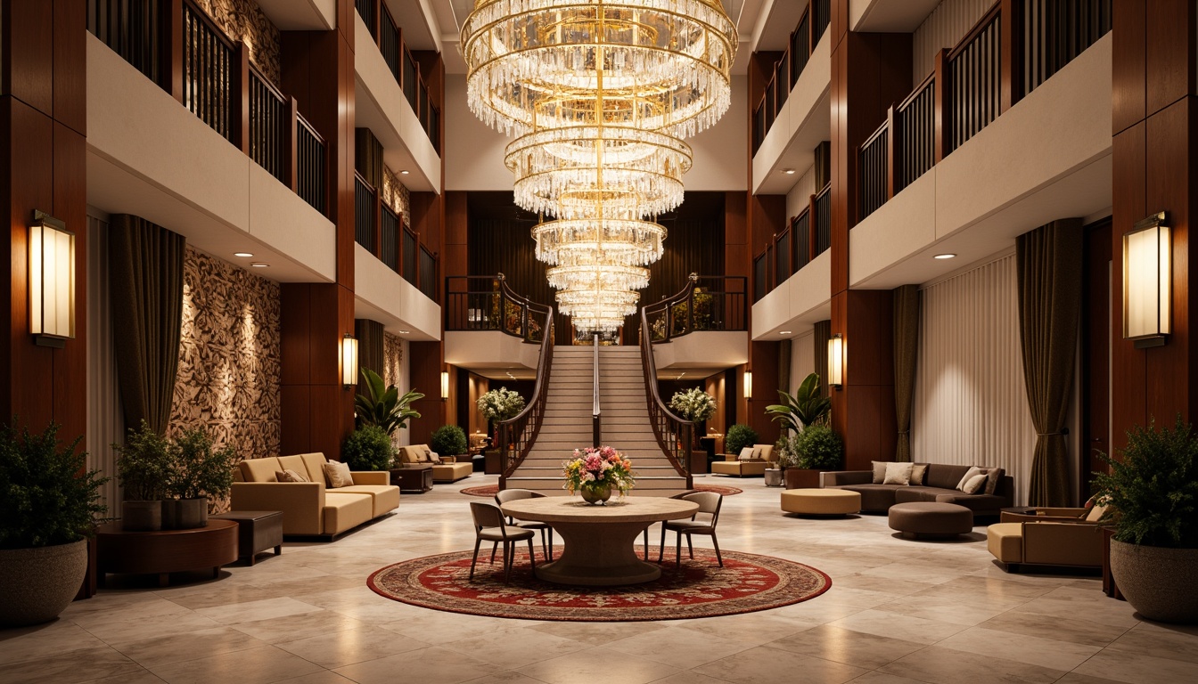 Prompt: Luxurious hotel lobby, grand chandelier, intricate marble floors, ornate wooden paneling, lavish furnishings, velvet drapes, crystal light fixtures, elegant staircases, refined metalwork, sophisticated color palette, warm ambient lighting, shallow depth of field, 1/1 composition, realistic textures, soft focus effect.