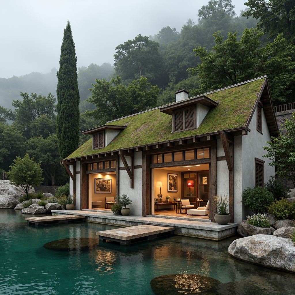 Prompt: Rustic boathouse, Romanesque style, weathered wood accents, earthy tones, moss-covered roofs, stone walls, soft turquoise waters, lush greenery, vintage nautical decor, distressed finishes, warm beige interiors, creamy whites, rich wood textures, ornate metal details, lantern-style lighting, soft misty mornings, tranquil atmosphere, 1/2 composition, shallow depth of field, natural ambient lighting.