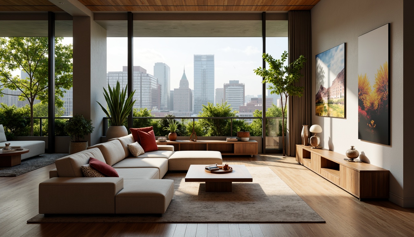 Prompt: Cozy living room, comfortable sofas, warm wooden flooring, soft cushions, modern minimalist decor, floor-to-ceiling windows, natural light pouring in, urban cityscape views, lush greenery balcony, private outdoor seating area, ambient soft lighting, 1/1 composition, shallow depth of field, realistic textures, cozy reading nook, functional storage units, sleek metal accents, vibrant colorful artwork, dynamic spatial layout, enhanced living experience.Please let me know if this meets your expectations!