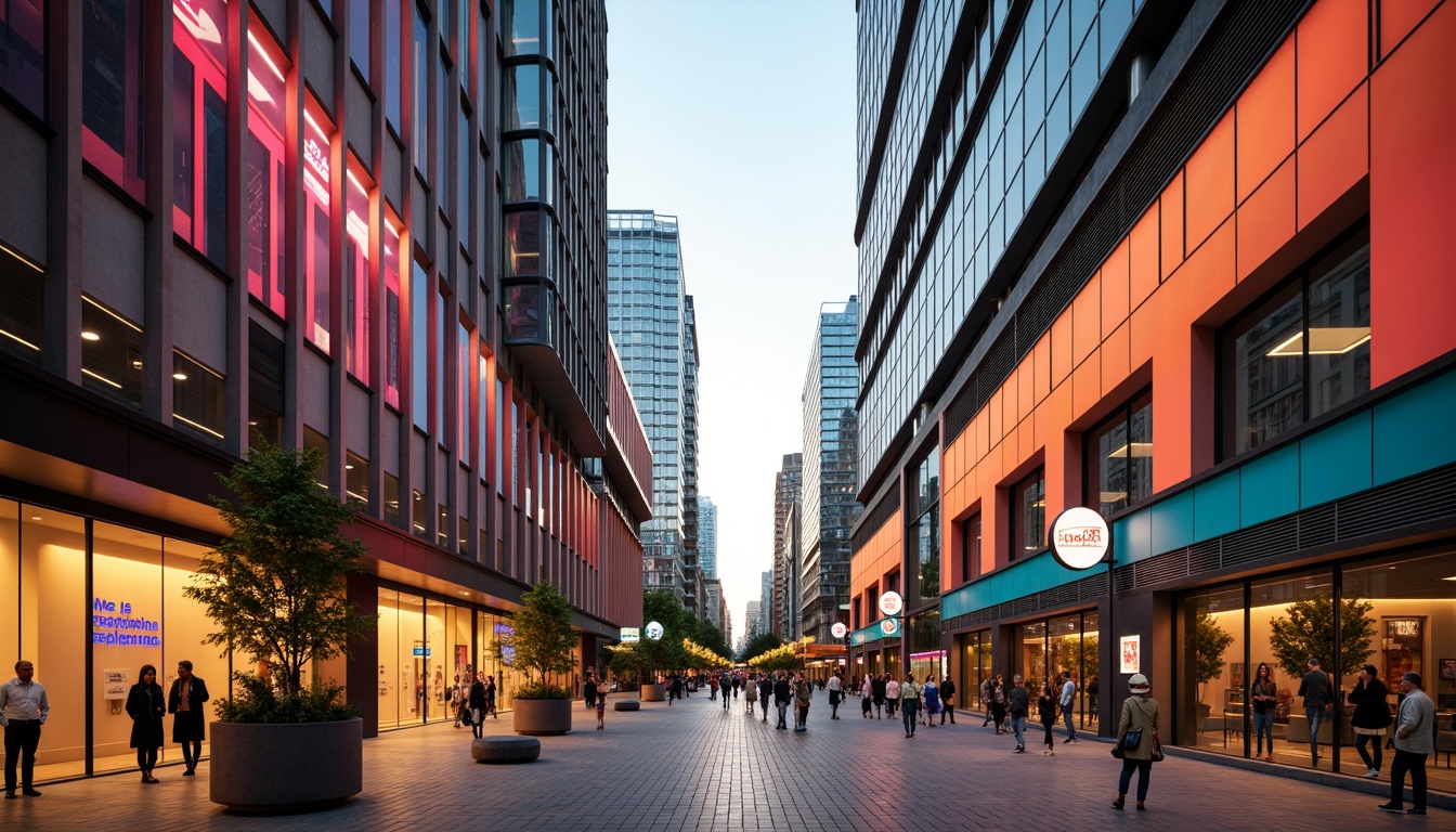 Prompt: Vibrant urban landscape, sleek skyscrapers, bold color blocking, geometric patterns, contrasting textures, reflective glass fa\u00e7ades, warm golden lighting, industrial chic accents, exposed ductwork, polished concrete floors, neon signage, futuristic ambiance, 1/1 composition, low-angle shot, cinematic mood, high-saturation colors, pastel hues, monochromatic schemes, bold typography, metallic finishes.