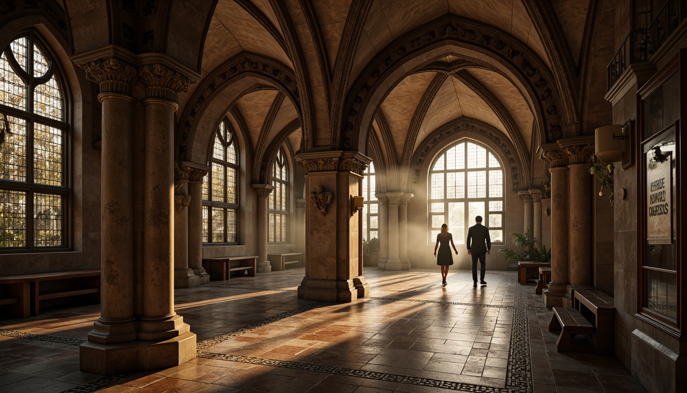 Prompt: Ancient stone arches, ornate carvings, rustic stonework, grand entranceways, imposing vaulted ceilings, stained glass windows, intricate mosaic patterns, weathered limestone walls, ornamental capitals, dramatic lighting effects, warm earthy tones, mysterious ambiance, atmospheric fog, low-angle photography, cinematic composition, realistic textures, ambient occlusion.