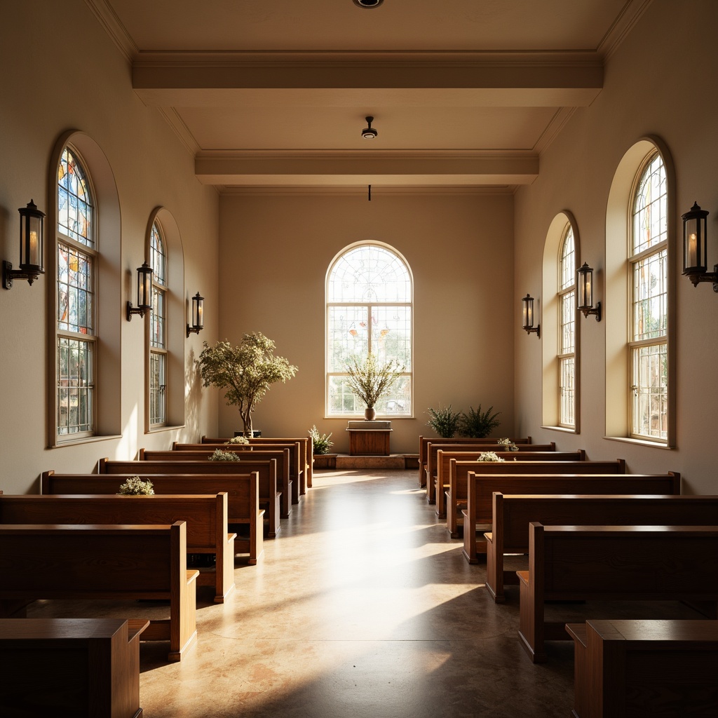 Prompt: Simple church interior, minimal ornamentation, soft natural light, stained glass windows, subtle color palette, elegant arches, clean lines, sparse decorations, prayer benches, solemn atmosphere, diffused lighting, warm glow, gentle shadows, shallow depth of field, 1/1 composition, symmetrical framing, realistic textures, ambient occlusion.