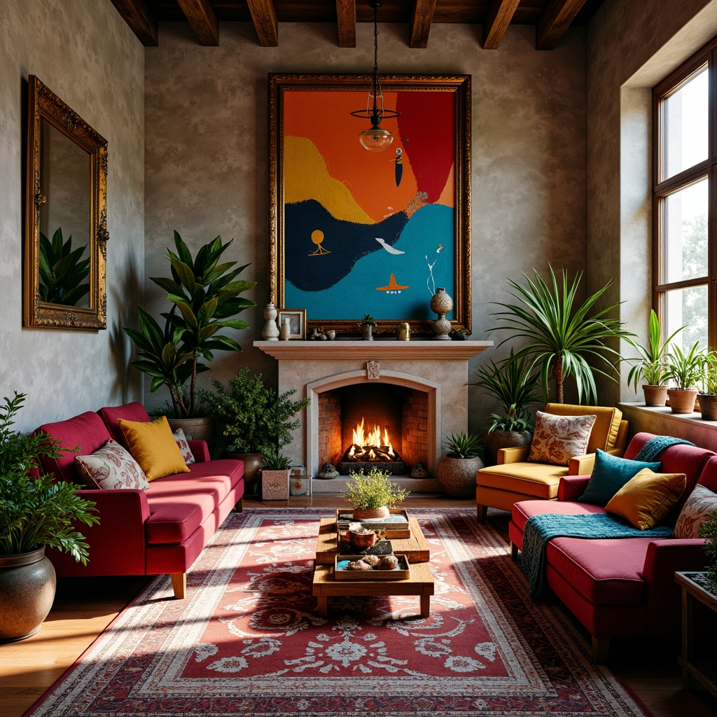 Prompt: Vibrant artistic studio, eclectic bohemian decor, rich jewel tones, bold abstract art, statement furniture pieces, luxurious velvet fabrics, metallic accents, ornate wooden frames, natural stone walls, earthy terracotta flooring, abundant greenery, soft warm lighting, 1/1 composition, intimate atmosphere, realistic textures, ambient occlusion.