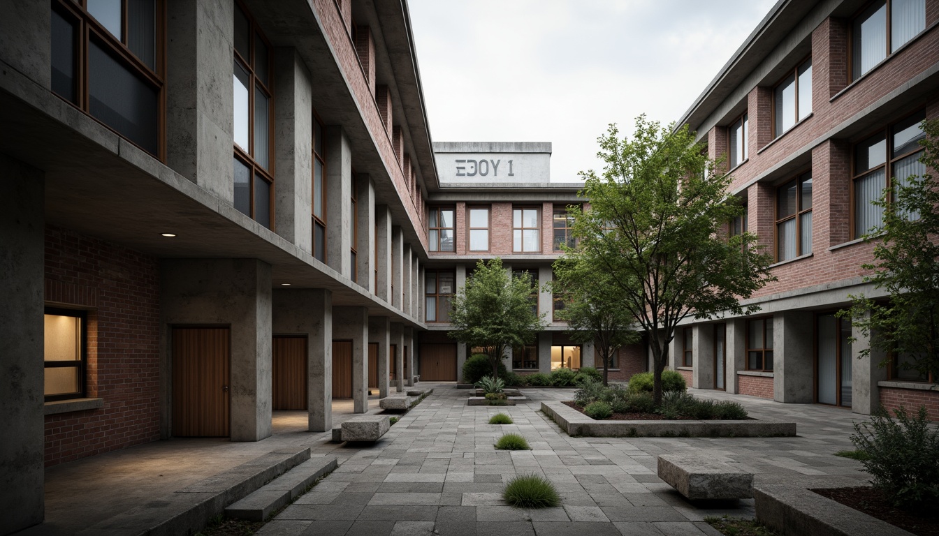 Prompt: Rough concrete walls, weathered steel beams, exposed ductwork, industrial-style lighting, raw brick facades, chunky stone foundations, brutalist architectural style, middle school courtyard, shaded walkways, irregularly-shaped buildings, angular lines, rough-hewn wood accents, muted color palette, overcast skies, dramatic shadows, high-contrast lighting, cinematic composition, gritty realistic textures.