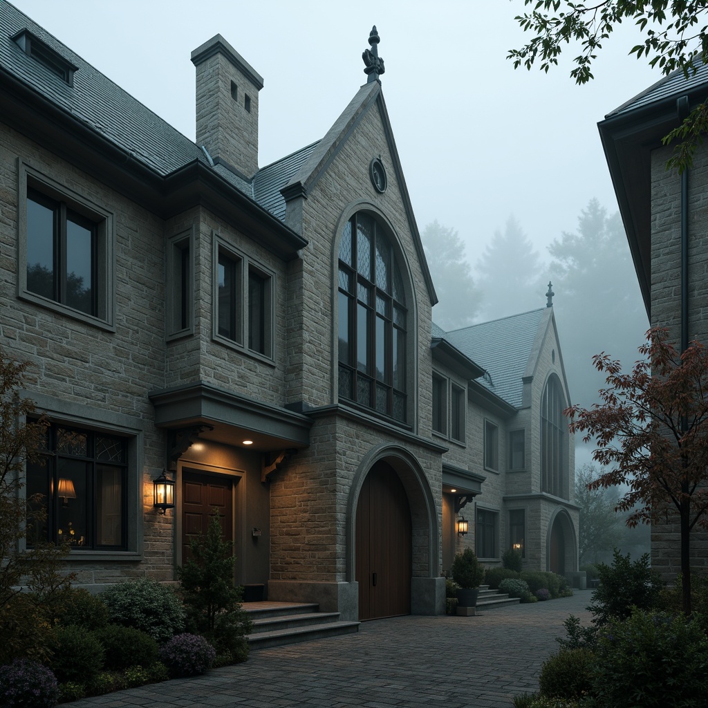 Prompt: Rustic stone fa\u00e7ade, pointed arches, ribbed vaults, flying buttresses, grandiose entrance, ornate tracery, steeply pitched roofs, slate tiles, weathered copper cladding, intricate gargoyles, stained glass windows, mystical ambiance, dramatic lighting, foggy atmosphere, misty morning, cinematic composition, 1/2 format, symmetrical framing, high contrast ratio.