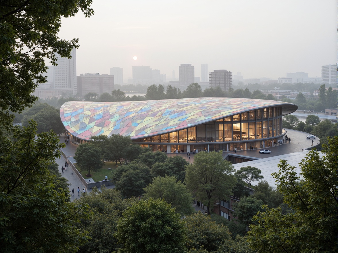 Prompt: Curved pavilion structure, translucent roof, iridescent materials, biomimicry design, futuristic aesthetic, sustainable energy harvesting, solar panels, wind turbines, natural ventilation systems, green roofs, living walls, urban forestry, misty atmosphere, soft warm lighting, shallow depth of field, 3/4 composition, panoramic view, realistic textures, ambient occlusion.