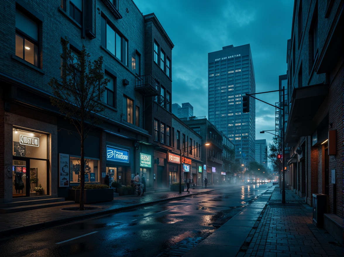 Prompt: Moody urban landscape, Prussian blue accents, industrial chic architecture, exposed brick walls, metallic tones, reclaimed wood textures, dramatic lighting effects, misty atmospheric conditions, low-angle shot, cinematic composition, deep depth of field, mysterious ambiance, nocturnal cityscape, neon signs, rainy night, reflections on wet pavement.