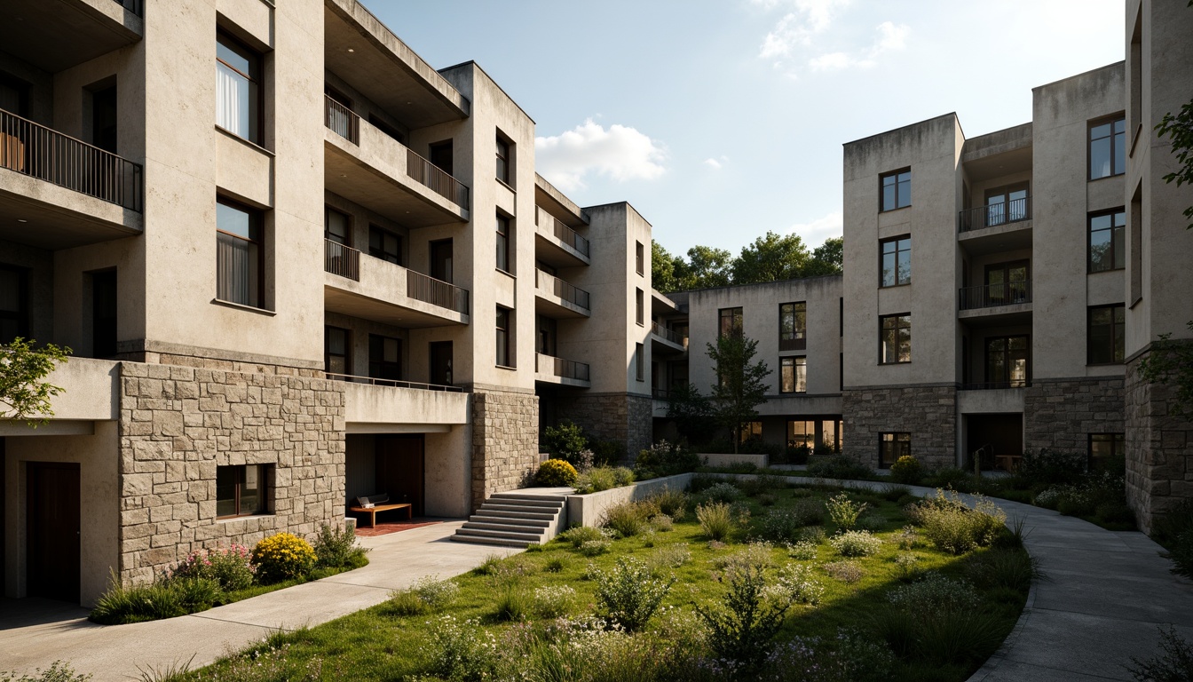 Prompt: Rugged brutalist middle school building, raw concrete walls, angular lines, fortress-like architecture, asymmetrical forms, natural stone accents, weathered metal details, overgrown vegetation, wildflower meadow, shaded courtyard, curved walkways, industrial-style lighting, dramatic shadows, warm afternoon sunlight, shallow depth of field, 1/2 composition, cinematic mood, realistic textures, ambient occlusion.