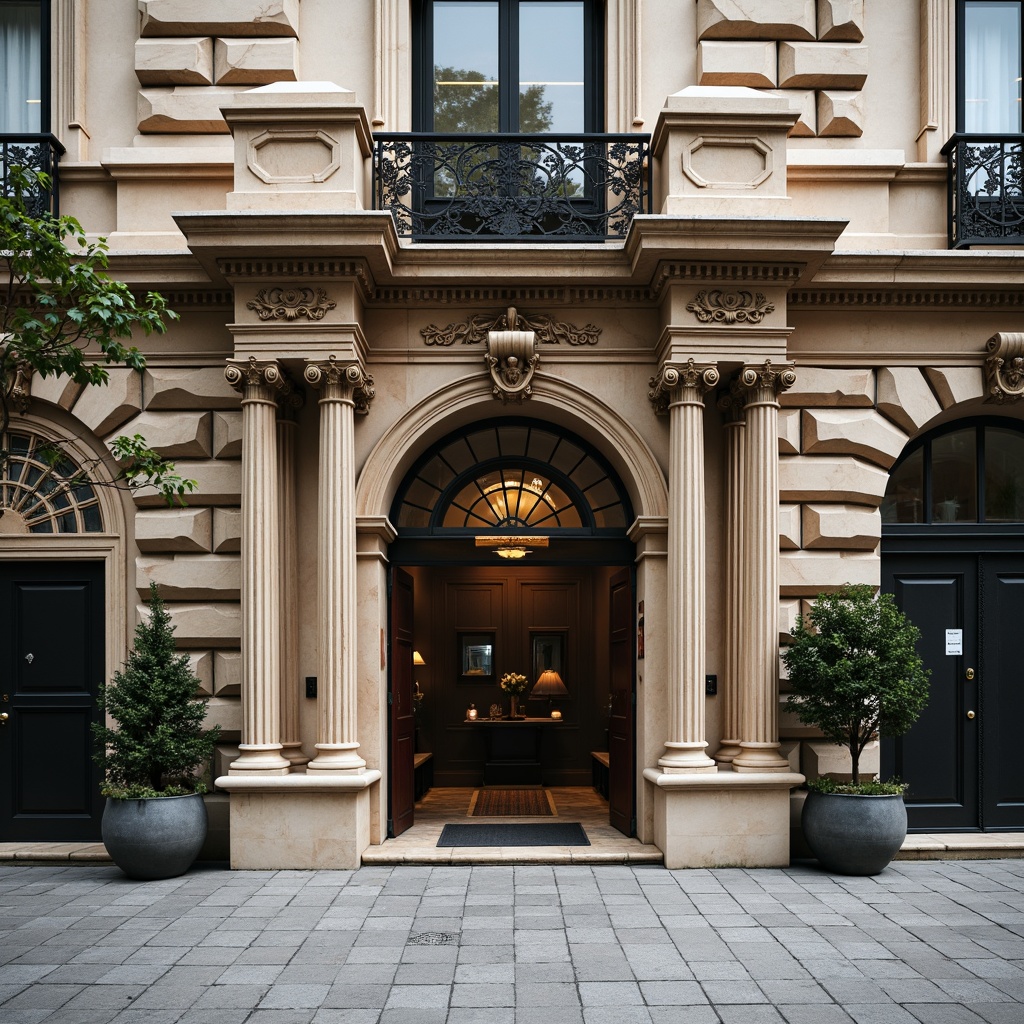 Prompt: Ornate facade, grand entrance, Corinthian columns, carved stone details, symmetrical composition, balanced proportions, architrave moldings, decorative pilasters, rusticated base, ornamental cornice, classical pediment, rounded arches, glazed tiles, wrought iron railings, elegant balconies, subtle color palette, natural light illumination, soft shadows, 1/2 composition, realistic textures, ambient occlusion.