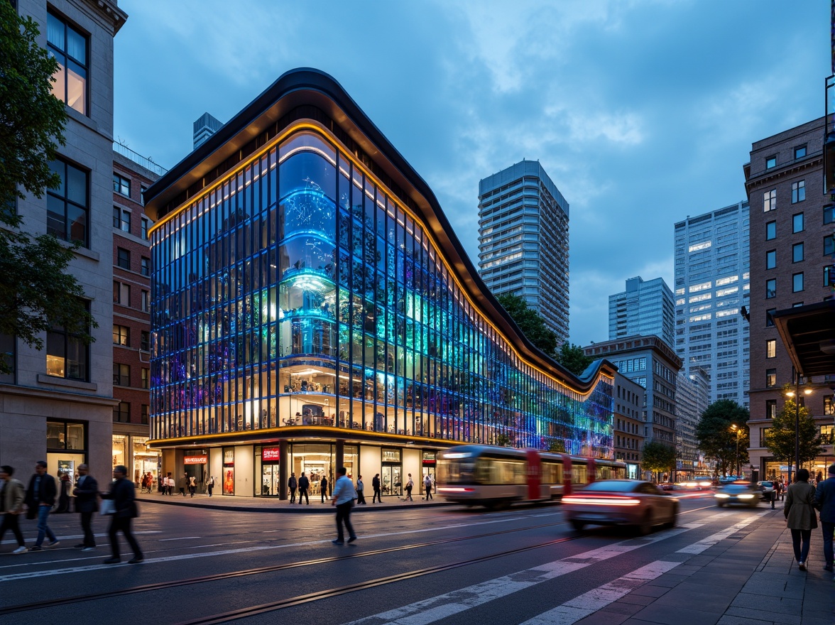 Prompt: Futuristic tram station, curved glass facade, dynamic LED lighting, sleek metal framework, cantilevered rooflines, geometric patterns, vibrant color schemes, urban cityscape, busy streets, modern transportation hub, rushing pedestrians, blurred motion effects, shallow depth of field, 1/1 composition, high-contrast lighting, realistic reflections, ambient occlusion.