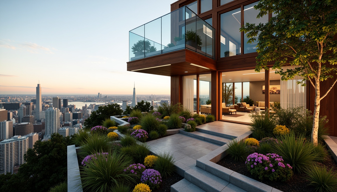 Prompt: Luxurious penthouse, breathtaking cityscape views, sleek modern architecture, floor-to-ceiling glass windows, cantilevered balconies, lush green rooftop gardens, vibrant flowering plants, trickling water features, ambient outdoor lighting, warm golden hour glow, shallow depth of field, 1/1 composition, realistic textures, subtle atmospheric effects.