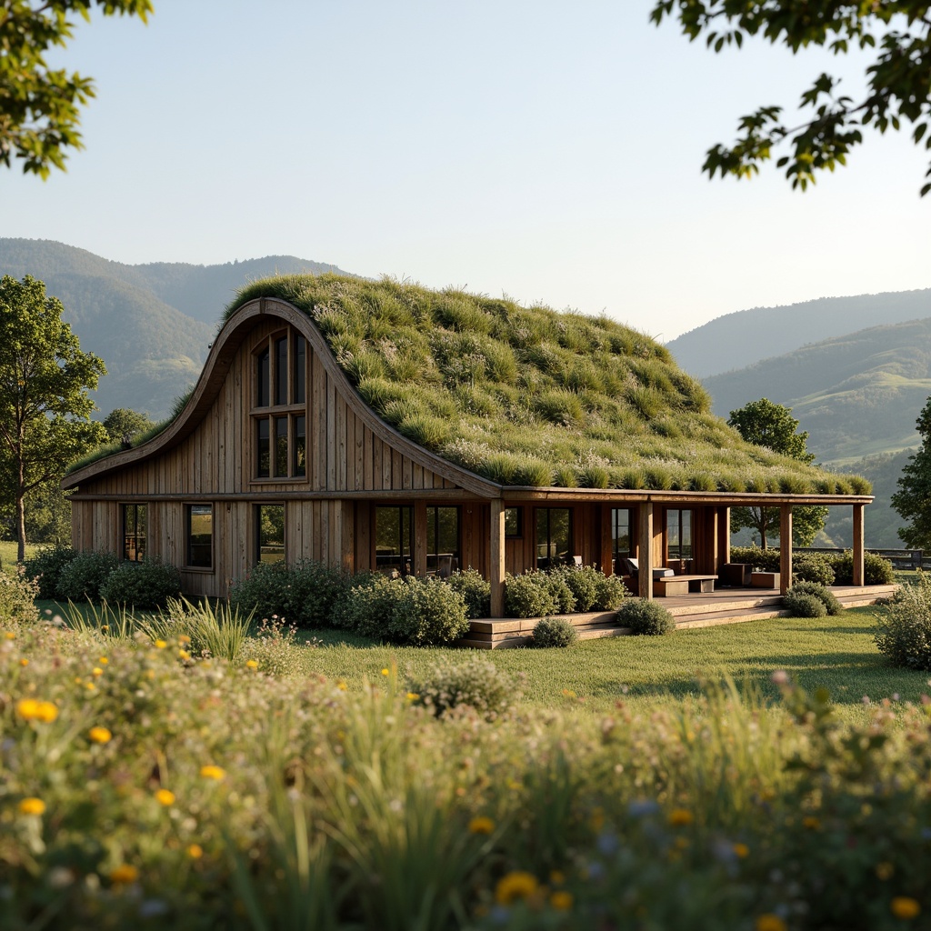 Prompt: Rustic barn, organic curves, natural materials, reclaimed wood, living roofs, green walls, solar panels, wind turbines, rainwater harvesting systems, composting toilets, eco-friendly insulation, recycled metal frames, earthy color palette, rural landscape, rolling hills, wildflower fields, sunny day, soft warm lighting, shallow depth of field, 3/4 composition, panoramic view, realistic textures, ambient occlusion.