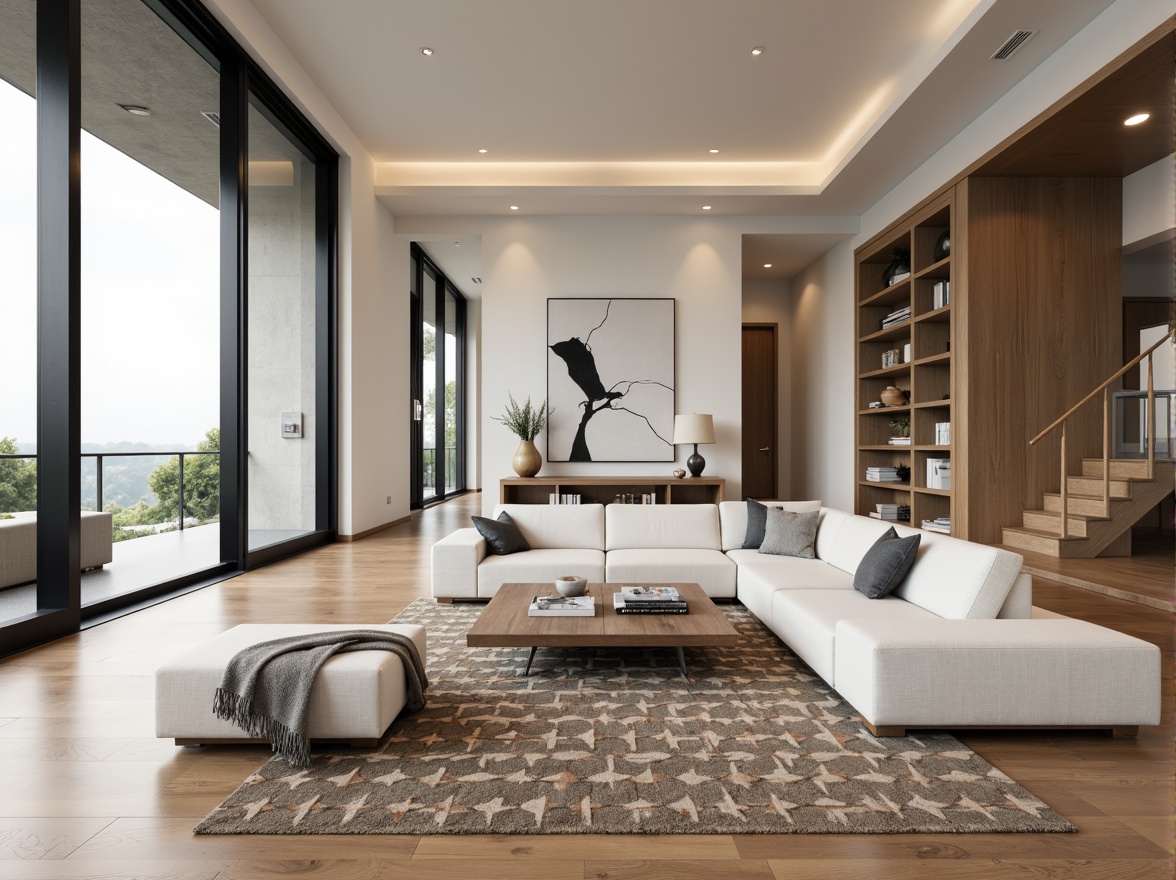 Prompt: Minimalist living room, sleek furniture, neutral color palette, wooden flooring, floor-to-ceiling windows, sliding glass doors, cozy reading nook, built-in shelving, geometric patterned rug, modern artwork, recessed lighting, warm ambiance, shallow depth of field, 1/1 composition, panoramic view, realistic textures, ambient occlusion.