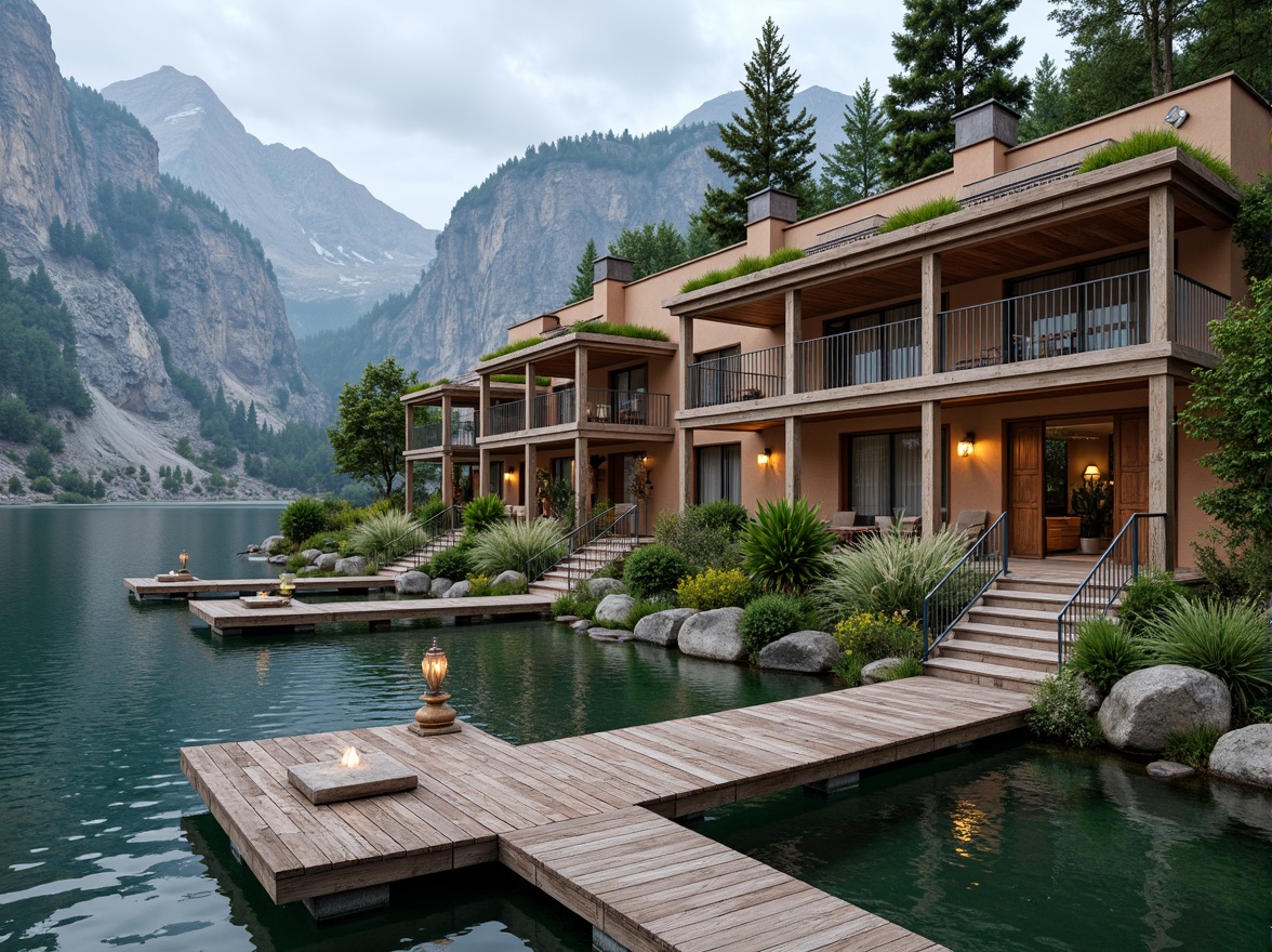 Prompt: Luxurious lakefront Renaissance homes, rustic wooden docks, serene lake views, majestic mountain backdrops, verdant green roofs, curved terracotta tiles, earthy color palette, natural stone chimneys, grandiose entranceways, ornate wooden doors, elegant lanterns, refined metal railings, tranquil outdoor spaces, soft warm lighting, shallow depth of field, 3/4 composition, panoramic view, realistic textures, ambient occlusion.