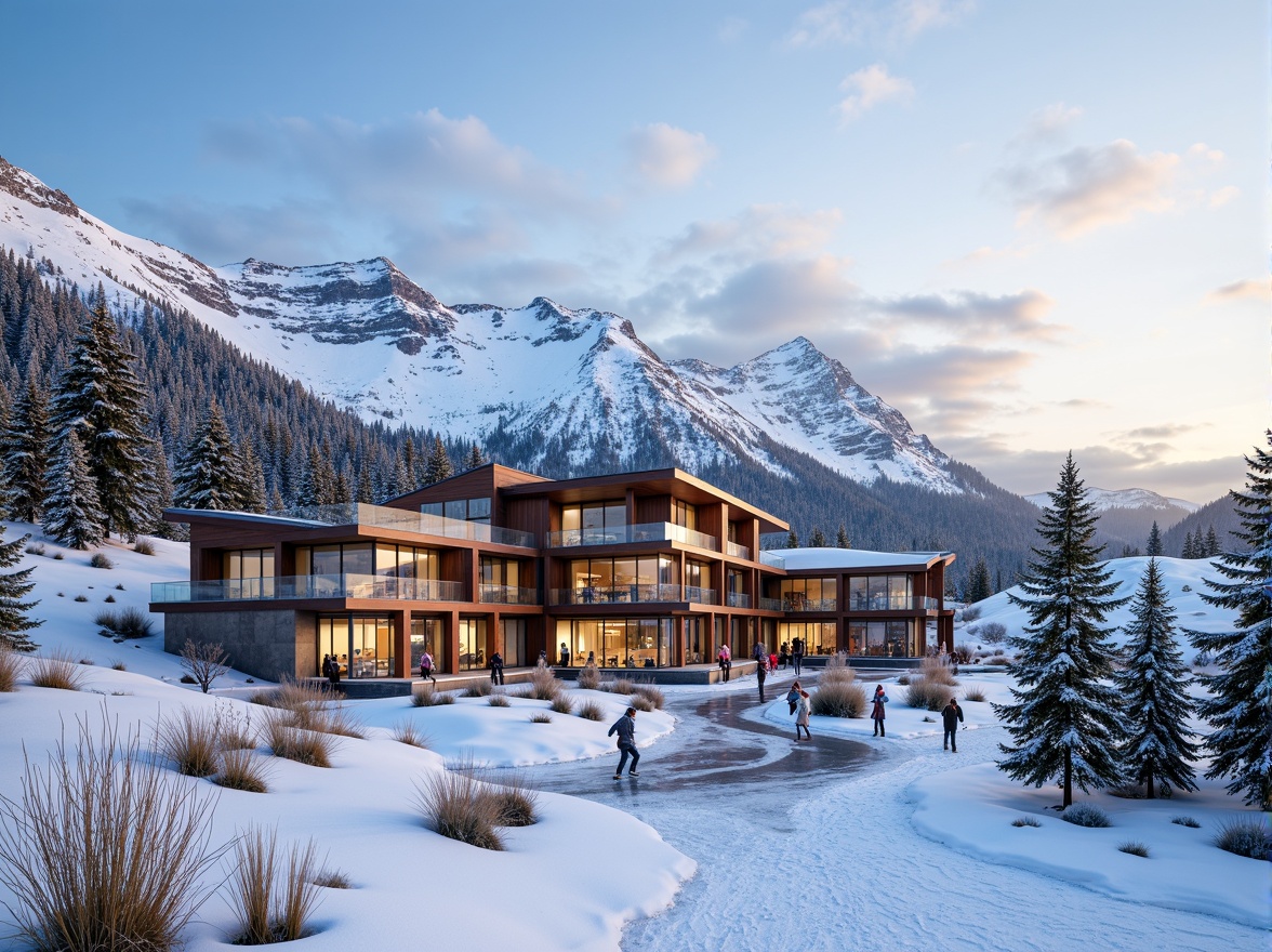 Prompt: Snow-capped mountains, frosty winter landscape, modern ski center architecture, sleek metal cladding, wood accents, rustic stone walls, large glass windows, cantilevered roofs, dynamic angular lines, bold color schemes, weather-resistant materials, durable exterior coatings, snow-load resistant structures, icy blue hues, powdery white textures, frozen lake scenery, misty mountain atmosphere, warm golden lighting, shallow depth of field, 2/3 composition, realistic reflections.