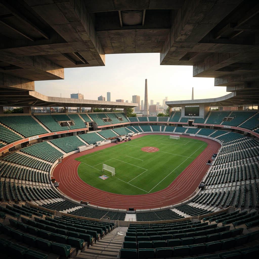 Prompt: Rugged sports field, brutalist architecture, concrete grandstands, steel bleachers, vibrant green turf, athletic track, soccer goalposts, tennis court nets, basketball hoops, industrial-style lighting, harsh shadows, dramatic contrast, angular lines, raw concrete textures, exposed ductwork, urban landscape integration, cityscape views, distant skyscrapers, misty atmosphere, low-lying fog, warm golden hour, shallow depth of field, 2/3 composition, cinematic framing.