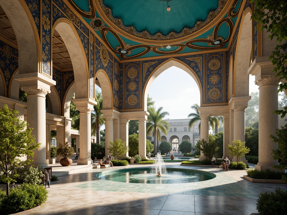 Prompt: Majestic Prussian blue domes, ornate golden accents, intricate Islamic patterns, grandiose archways, vibrant turquoise tiles, luxurious marble floors, opulent crystal chandeliers, majestic stone columns, regal velvet drapes, lavish fountain features, serene courtyard gardens, sunny warm lighting, shallow depth of field, 1/1 composition, realistic textures, ambient occlusion.