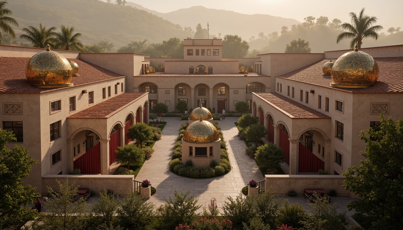 Prompt: Byzantine-inspired high school, ornate golden domes, rich jewel-toned mosaics, warm earthy tones, terracotta rooftops, rustic stone walls, intricate archways, grand columns, luxurious velvet drapes, regal crimson accents, subtle cream highlights, soft warm lighting, atmospheric fog effect, 1/2 composition, dramatic shadows, ornate details, realistic textures.