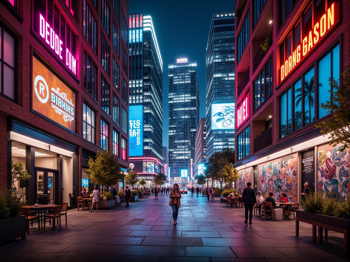 Prompt: Vibrant cityscape, modern skyscrapers, bold color scheme, neon lights, metallic accents, glass facades, urban landscape, abstract murals, graffiti walls, eclectic mix of materials, industrial chic, exposed ductwork, polished concrete floors, warm ambiance, cozy atmosphere, softbox lighting, 3/4 composition, cinematic view, high-contrast colors, dramatic shadows, futuristic vibes.