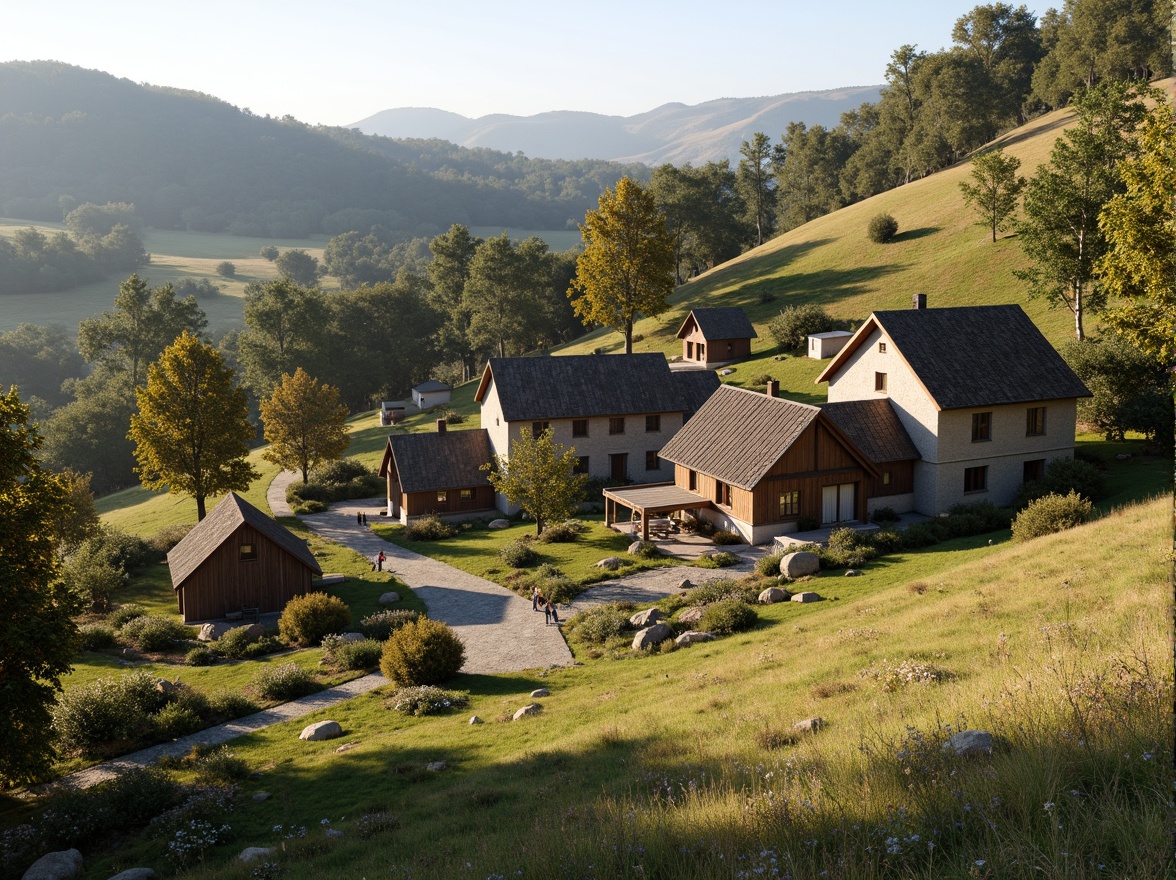 Prompt: Rustic rural houses, earthy color scheme, natural materials, wooden accents, stone walls, green roofs, surrounding landscapes, rolling hills, countryside views, serene atmosphere, warm sunlight, soft shadows, 3/4 composition, shallow depth of field, realistic textures, ambient occlusion.