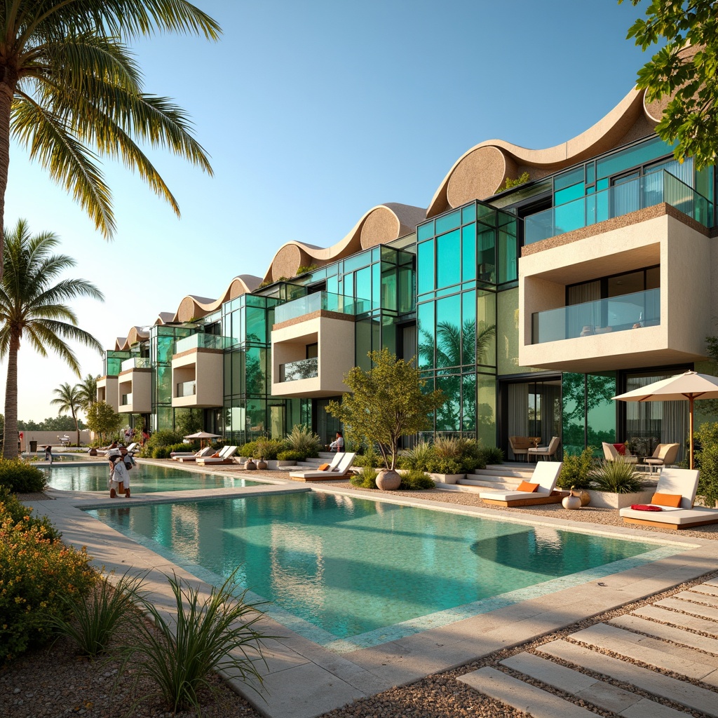 Prompt: Vibrant beachside villas, turquoise glass facades, undulating wave-inspired rooftops, iridescent mosaics, shimmering aqua-green walls, ocean-breeze balconies, driftwood accents, coral-patterned tiles, seaweed-wrapped columns, transparent glass floors, refracted light effects, warm sandy dunes, seashell decorations, coastal pathways, beachy keystone arches, tropical palm trees, sunny cloudless sky, soft golden lighting, shallow depth of field, 1/2 composition, symmetrical framing, realistic reflections.