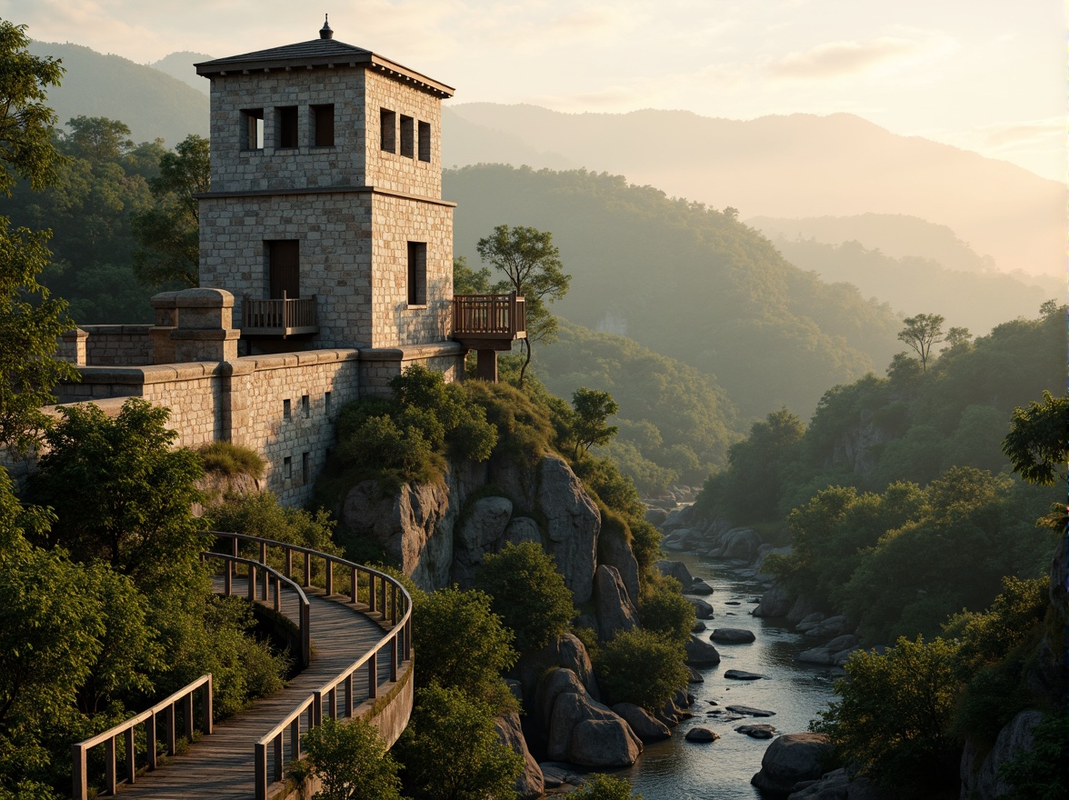 Prompt: Majestic watchtowers, rugged stone walls, elevated vantage points, panoramic views, rolling hills, lush green forests, meandering streams, rustic wooden bridges, natural rock formations, moss-covered stones, weathered wooden accents, worn stone pathways, atmospheric misting, warm golden lighting, 1/1 composition, symmetrical framing, cinematic depth of field, realistic textures, ambient occlusion.