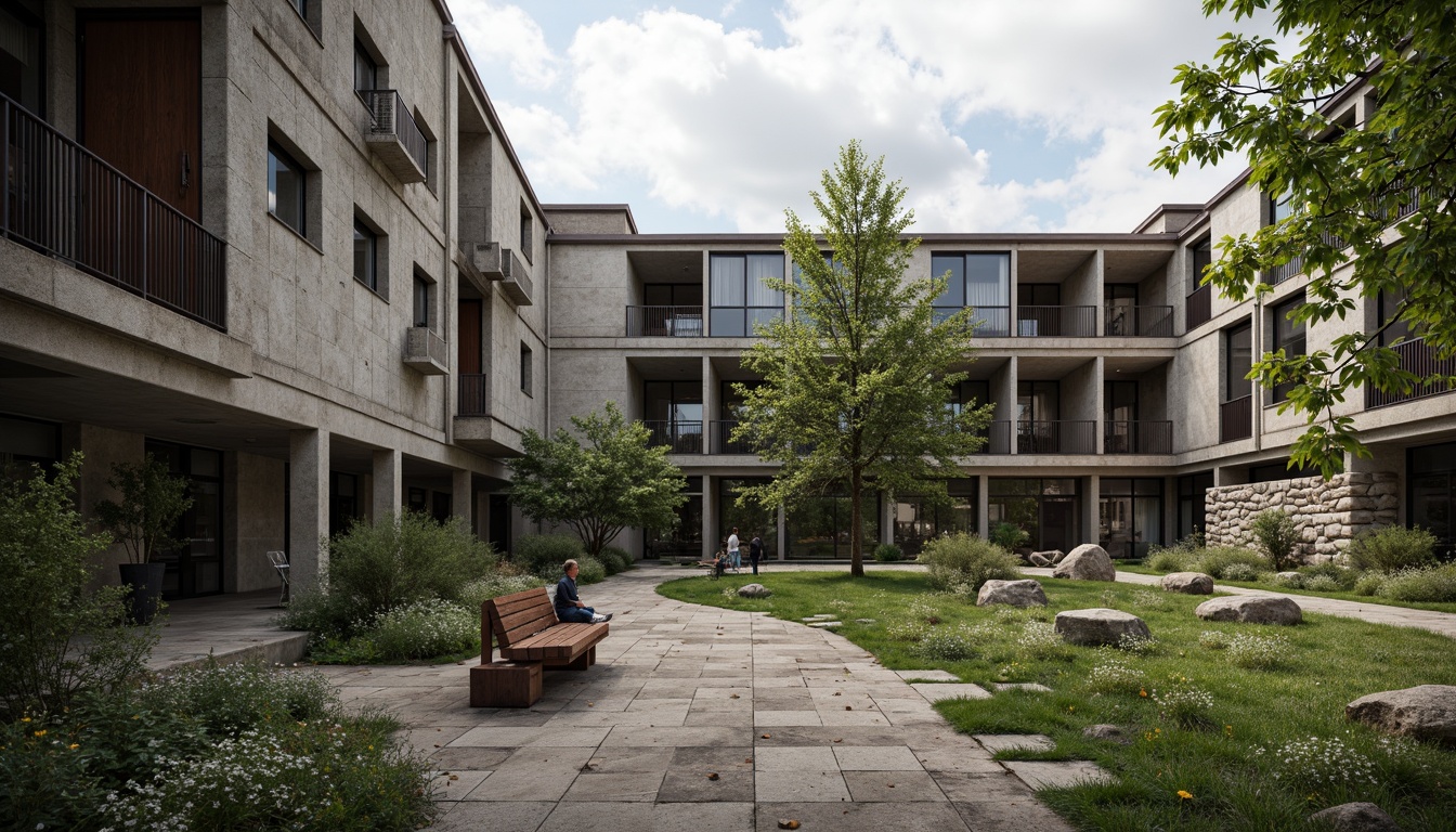 Prompt: Rugged middle school building, brutalist architecture, concrete blocks, industrial metal beams, raw textures, muted color palette, overgrown vegetation, wildflower meadow, rustic wooden benches, weathered stone walls, fragmented pavement, urban landscape integration, naturalistic playground equipment, climbing rocks, adventure trails, educational signage, distressed wood accents, moody atmospheric lighting, shallow depth of field, 2/3 composition, cinematic view, realistic material textures, ambient occlusion.