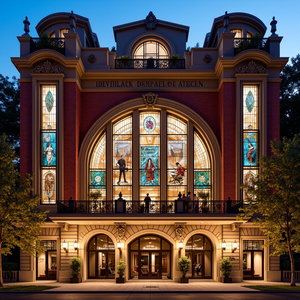 Prompt: Grand theater facade, academic style architecture, ornate details, colored glass panels, stained glass windows, intricate stone carvings, arched entrances, columned porticos, vibrant red brick walls, ornamental metalwork, golden accents, dramatic spotlights, warm evening ambiance, shallow depth of field, 1/2 composition, symmetrical view, realistic textures, ambient occlusion.