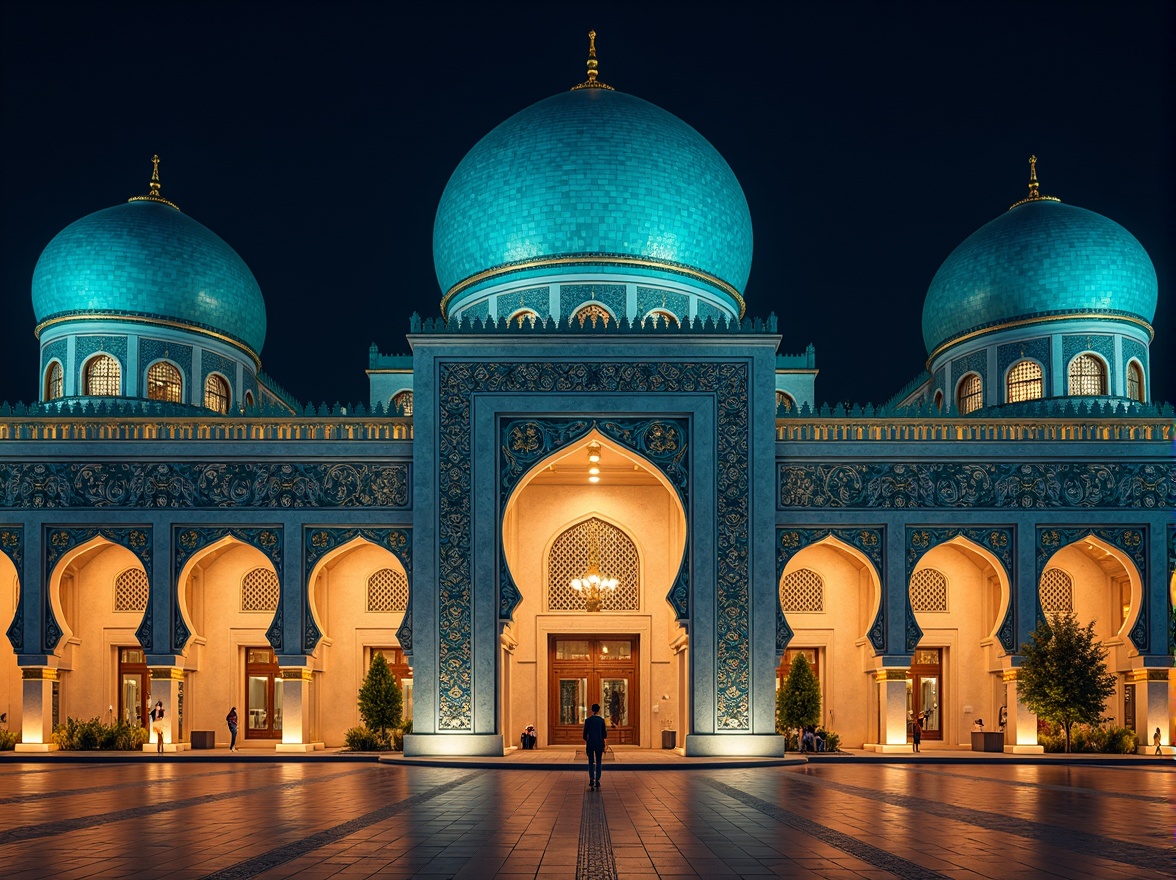 Prompt: Majestic Prussian blue domes, intricately patterned Islamic architecture, vibrant turquoise accents, golden ornamentation, richly textured stone walls, Moorish-inspired archways, grandiose entranceways, ornate tile work, mystical nighttime ambiance, warm soft lighting, 1/1 composition, symmetrical framing, highly detailed textures, ambient occlusion.