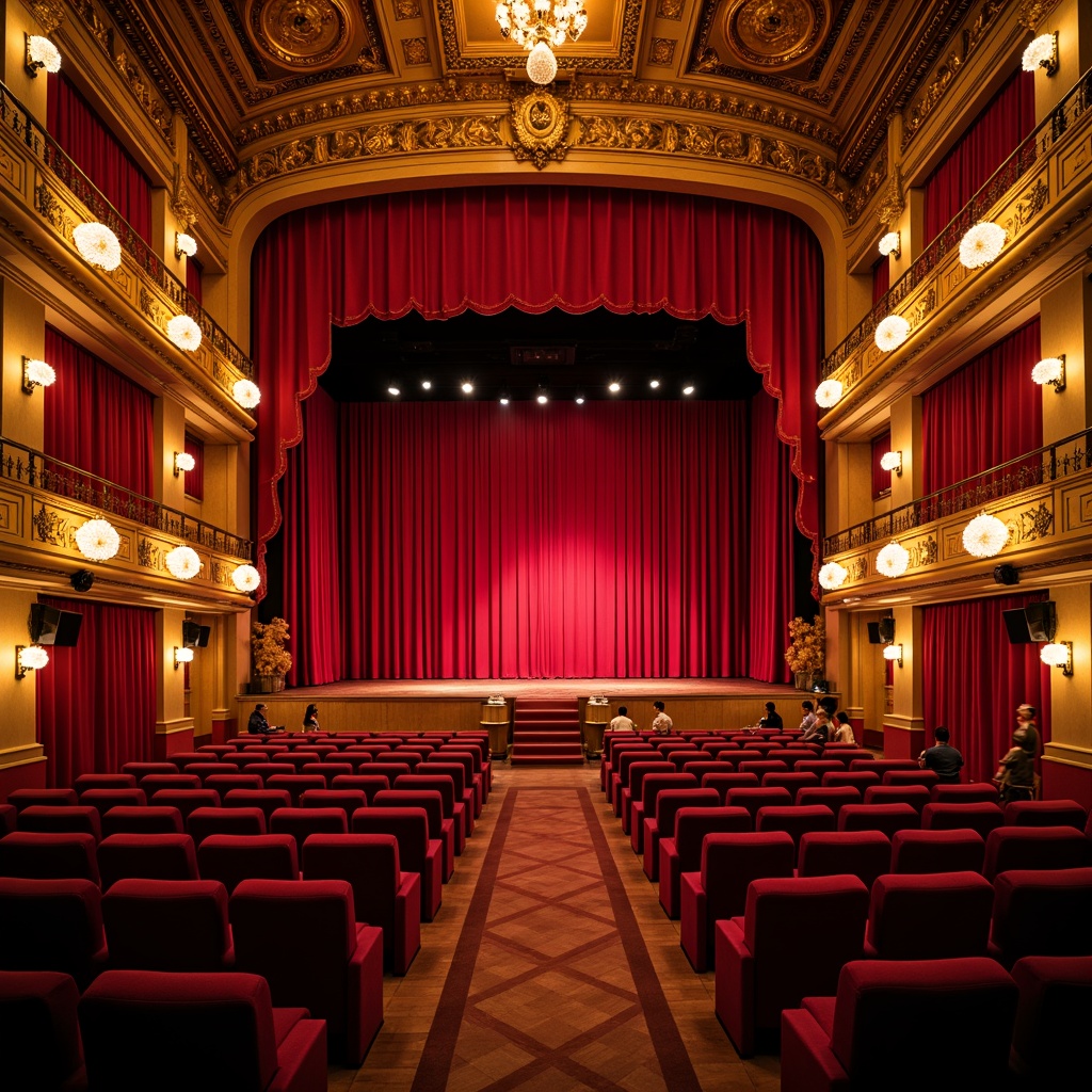 Prompt: Vibrant theater interior, rich velvety curtains, warm golden lighting, ornate plaster details, elegant chandeliers, soft crimson seats, polished wooden floors, dramatic stage presence, bold color blocking, harmonious contrast, analogous palette, triadic accents, high-contrast makeup design, intricate set decorations, luxurious fabrics, opulent textures, regal atmosphere, 3/4 composition, shallow depth of field, warm soft focus.