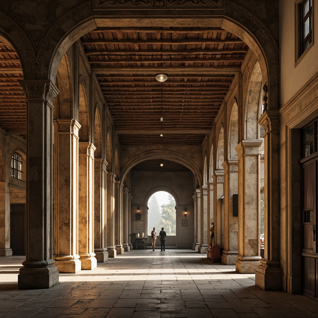 Prompt: Ancient stone columns, ornate capitals, intricate carvings, Gothic arches, ribbed vaults, grand entranceways, decorative pilasters, rustic stonework, weathered facades, ornamental metalwork, classic Romanesque style, symmetrical composition, warm golden lighting, atmospheric mist, subtle texture details, cinematic depth of field, 1/2 composition, dramatic low-angle view.