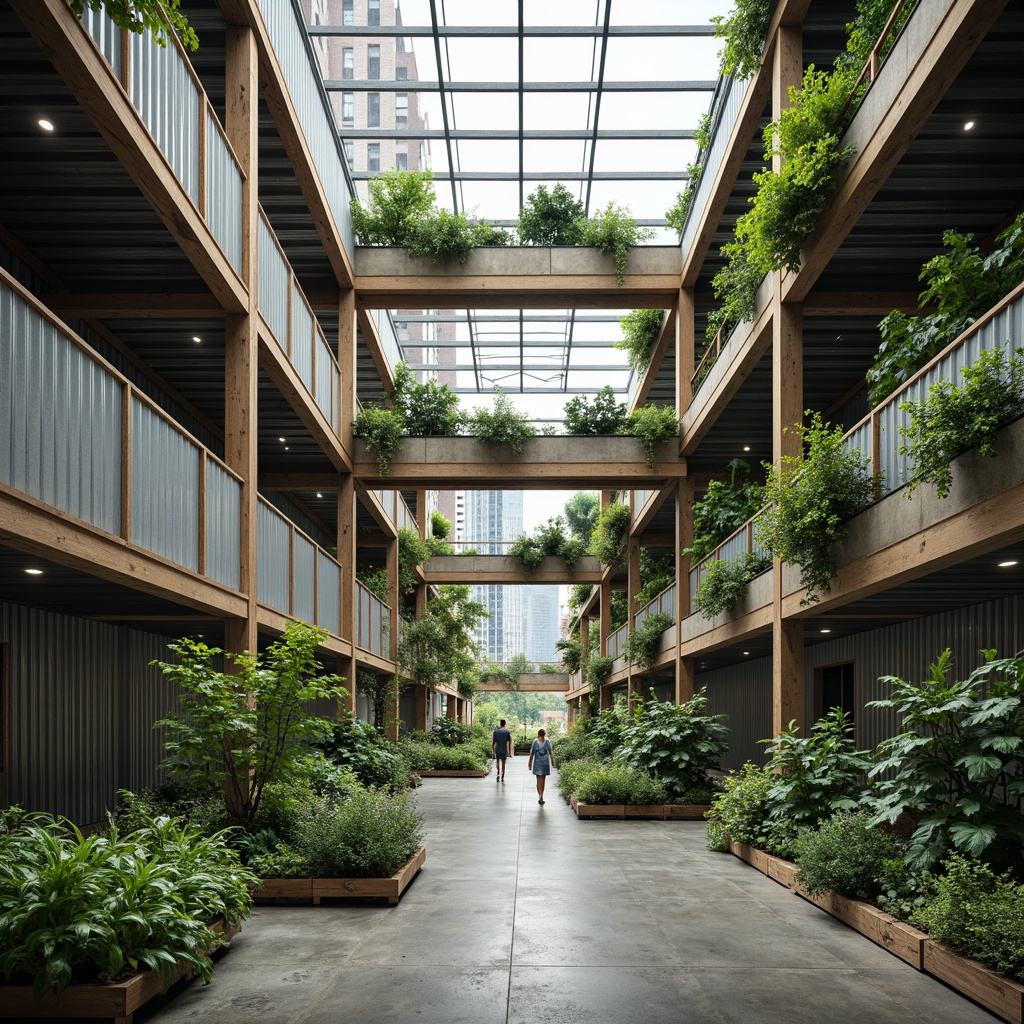 Prompt: Eco-friendly warehouse, solar panels, green roofs, rainwater harvesting systems, recycled metal cladding, natural ventilation, clerestory windows, skylights, energy-efficient LED lighting, exposed ductwork, polished concrete floors, minimal waste design, reusable shipping containers, urban agriculture integration, vertical farming, living walls, biodiversity conservation, industrial chic aesthetic, modern minimalist interior, soft diffused lighting, shallow depth of field, 1/1 composition, realistic textures, ambient occlusion.