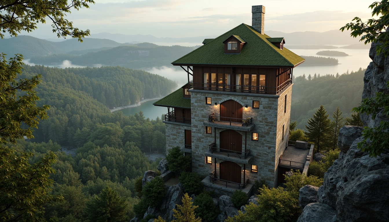 Prompt: Majestic watchtower, rugged stone walls, moss-covered roofs, wooden observation decks, winding staircases, lantern-like windows, rustic iron doors, weathered copper accents, misty mountain backdrop, lush green forests, rolling hills, serene lake reflections, soft morning light, warm golden hour, atmospheric mist, shallow depth of field, 1/2 composition, cinematic framing, realistic textures, ambient occlusion.