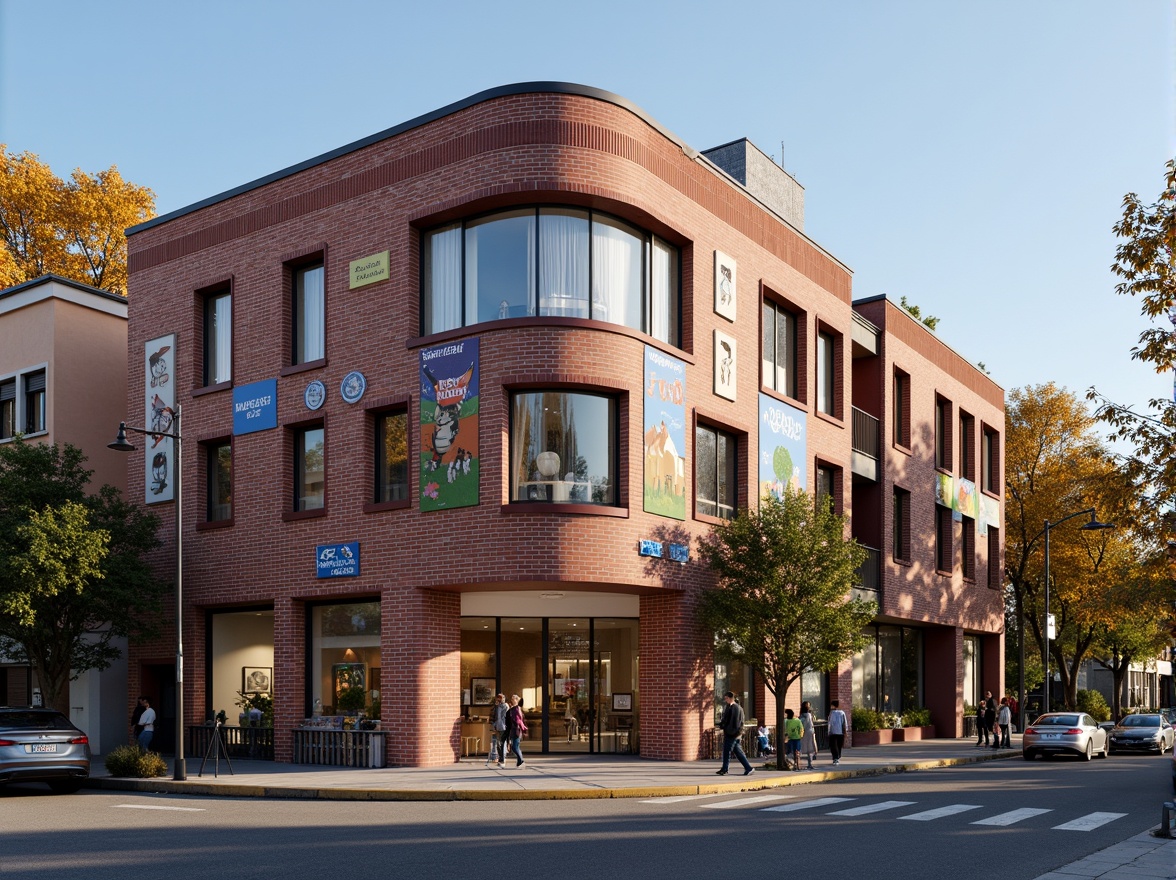 Prompt: Rustic brick facade, curved lines, geometric shapes, vibrant colors, constructivist architecture, middle school building, educational signage, playful murals, decorative metalwork, asymmetrical composition, warm natural light, shallow depth of field, 1/1 composition, realistic textures, ambient occlusion, lively urban surroundings, bustling streets, pedestrian traffic, trees with fall foliage, clear blue sky.