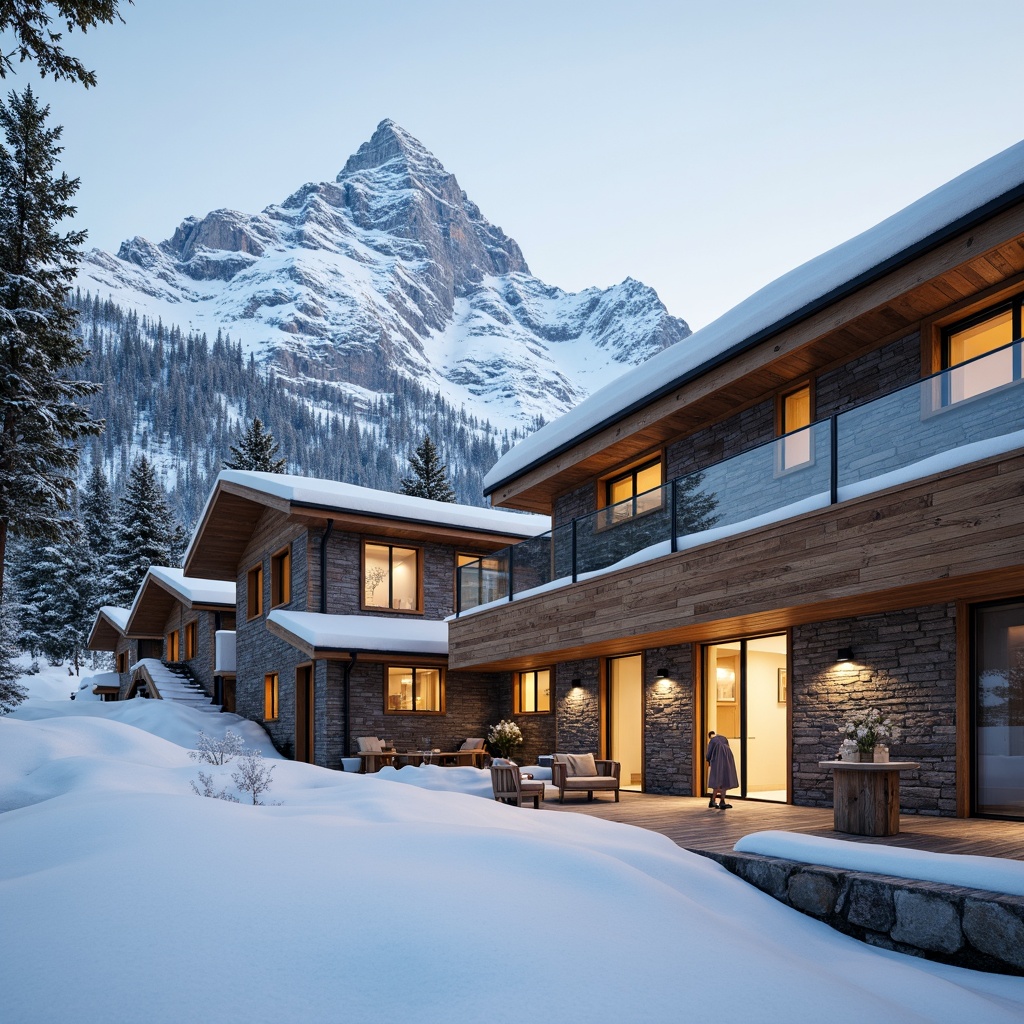 Prompt: Snow-capped mountain peaks, frosty mornings, wooden ski chalets, rustic stone walls, earthy tones, natural textures, reclaimed wood accents, metal roof cladding, minimalist modern design, large glass windows, sliding doors, warm cozy lighting, soft snowfall, shallow depth of field, 1/2 composition, panoramic views, realistic weathering effects, ambient occlusion.