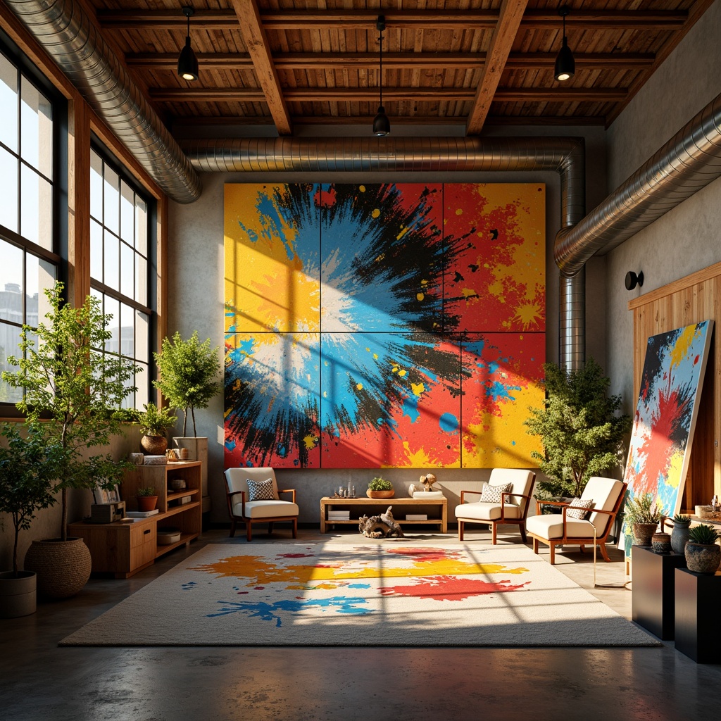 Prompt: Vibrant modern art studio, eclectic color scheme, bold brushstrokes, textured canvases, abstract expressionism, warm golden lighting, rich wood accents, industrial metal fixtures, sleek minimalist furniture, artistic freedom, creative experimentation, colorful splatters, dynamic composition, shallow depth of field, 1/1 aspect ratio, high contrast, vivid saturation.