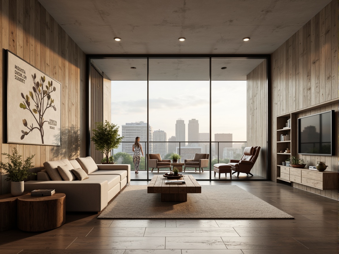 Prompt: Minimalist living room, sleek low-profile furniture, neutral color palette, natural materials, reclaimed wood accents, industrial-chic decor, floor-to-ceiling windows, sliding glass doors, urban cityscape views, cozy reading nooks, ergonomic seating, ambient lighting, soft warm glow, shallow depth of field, 1/1 composition, realistic textures, subtle reflections, modern art pieces, geometric patterns, functional storage solutions, hidden appliances, innovative smart home technologies, eco-friendly sustainable materials.