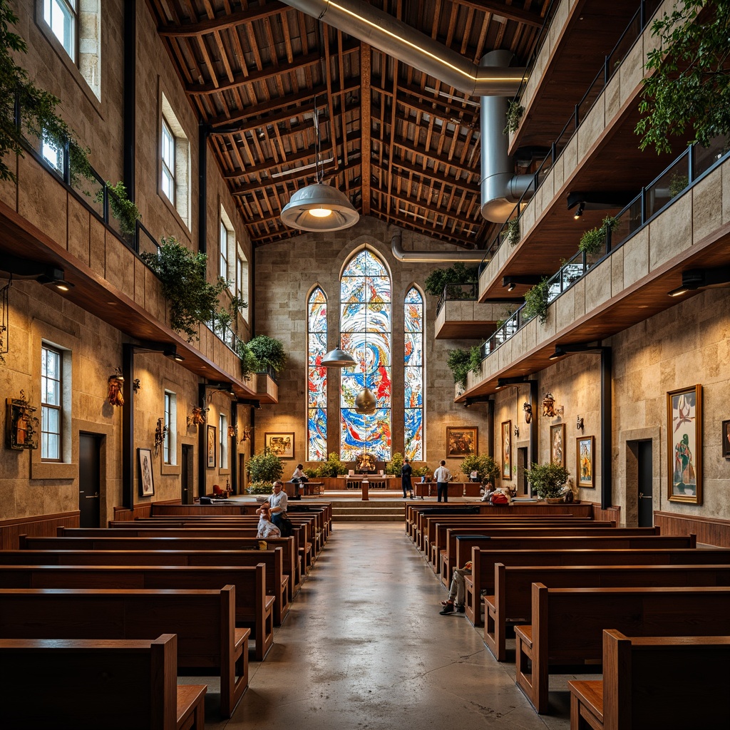 Prompt: Non-traditional church interior, fragmented spatial arrangement, eclectic mix of materials, distressed stone walls, exposed ductwork, industrial steel beams, reclaimed wood accents, vibrant stained glass windows, irregularly shaped pews, abstract sculptures, dynamic lighting fixtures, bold colorful murals, intricate mosaics, asymmetrical fa\u00e7ade, deconstructivist design elements, postmodern ornateness, avant-garde spiritual ambiance, warm atmospheric lighting, shallow depth of field, 1/1 composition, realistic textures, ambient occlusion.