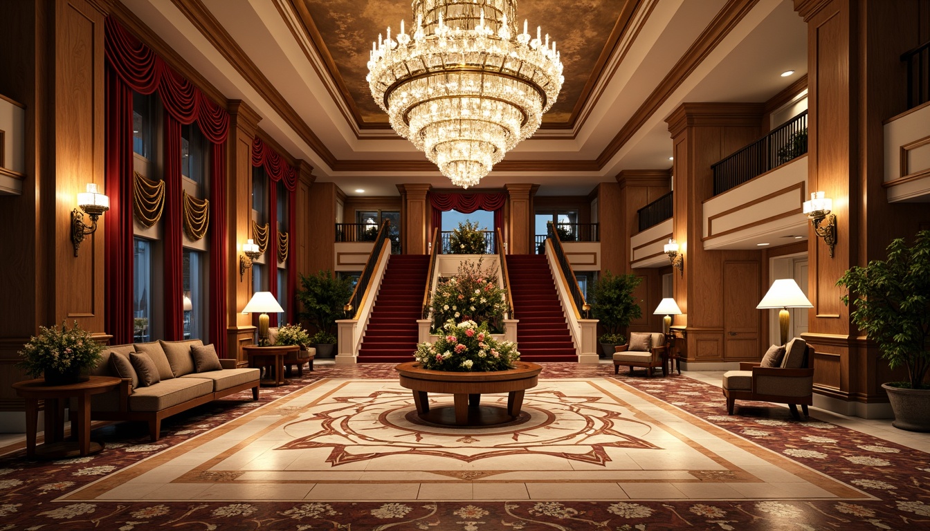 Prompt: Luxurious hotel lobby, grand chandelier, intricately patterned marble floors, opulent furnishings, velvet drapes, ornate gold accents, lavish floral arrangements, crystal sconces, majestic staircase, regal red carpet, rich wood paneling, sophisticated architectural columns, warm ambient lighting, dramatic ceiling height, 1/2 composition, soft focus effect, realistic reflections.