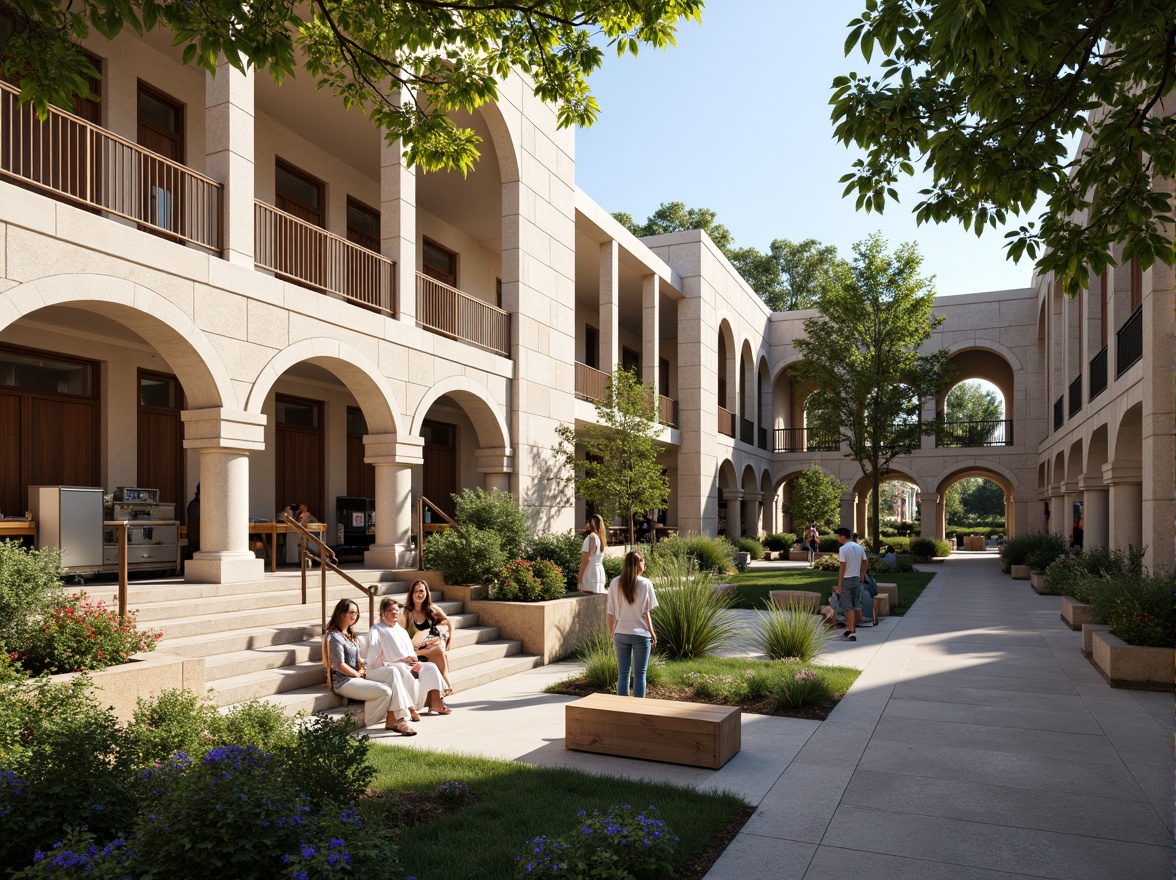 Prompt: Elegant academic science center, stone facade, grand entrance, columnar details, ornate arches, large windows, natural light, interior atrium, open staircases, wooden railings, sleek metal handrails, sophisticated laboratory equipment, futuristic scientific instruments, minimalist decor, neutral color palette, polished concrete floors, high ceilings, abundant greenery, vibrant flowers, outdoor seating areas, shaded walkways, soft warm lighting, shallow depth of field, 3/4 composition, panoramic view, realistic textures, ambient occlusion.