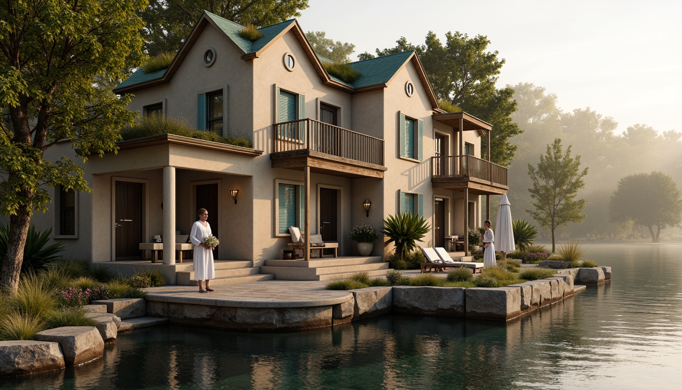 Prompt: \Rustic boathouse, Romanesque style, warm earthy tones, sandy beige walls, weathered wooden accents, soft moss green roofs, nautical blue shutters, creamy white trim, distressed wood textures, vintage metal fixtures, lantern-style lighting, serene lake surroundings, lush foliage, water reflections, misty morning atmosphere, soft golden lighting, shallow depth of field, 1/2 composition, intimate viewpoint, realistic details.\Let me know if you need any adjustments!